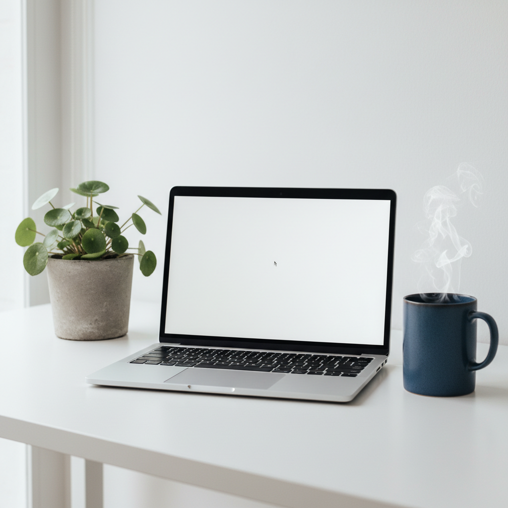A minimalist workspace featuring a slim, silver laptop on a clean, matte white desk, its screen displaying a blank document with a simple blinking cursor, symbolizing unwritten personal stories. Beside it, a single ceramic mug in muted navy holds rising steam, and a small, leafy plant in a concrete pot adds organic texture. Soft overcast daylight diffuses through an unseen window, bathing the scene in even, gentle light and producing very soft shadows. The composition follows the rule of thirds, photographed in crisp photographic realism from a slightly elevated angle. The atmosphere is professional yet warmly introspective, evoking a calm space where life experiences and lessons are thoughtfully crafted into words.