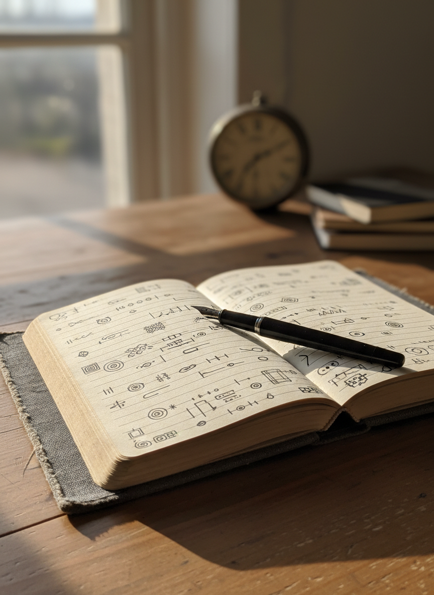 A well-worn hardcover journal with a textured charcoal-gray cloth cover lies open on a simple wooden desk, its cream pages filled with neat, hand-drawn lines and small abstract doodles instead of text. A black fountain pen with a gleaming silver nib rests diagonally across the center fold. The desk sits near a large window, where soft late-afternoon natural light pours in, casting gentle shadows along the grain of the wood. In the blurred background, an analog clock and a small stack of closed notebooks suggest ongoing reflection. Photographic realism, shot at eye level with a shallow depth of field, creates an intimate, contemplative mood, emphasizing personal thoughts and quiet introspection.