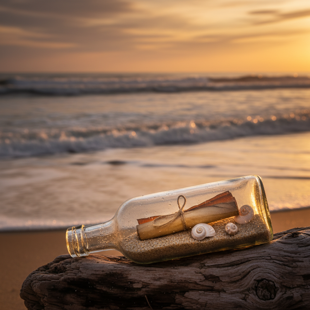 A vintage glass bottle filled with sand, tiny shells, and a folded piece of parchment lies on a weathered driftwood plank at the edge of a quiet shoreline. Gentle waves blur in the background, their motion softened by a slow shutter effect. The sky is painted with the golden and rose tones of sunset, casting a warm glow on the bottle’s reflective surface and highlighting small imperfections in the glass. The composition is centered on the bottle, framed low and close with a shallow depth of field in photographic realism. The mood is nostalgic and reflective, suggesting stories of loves lost and memories preserved, set against the vast, calm expanse of the sea.